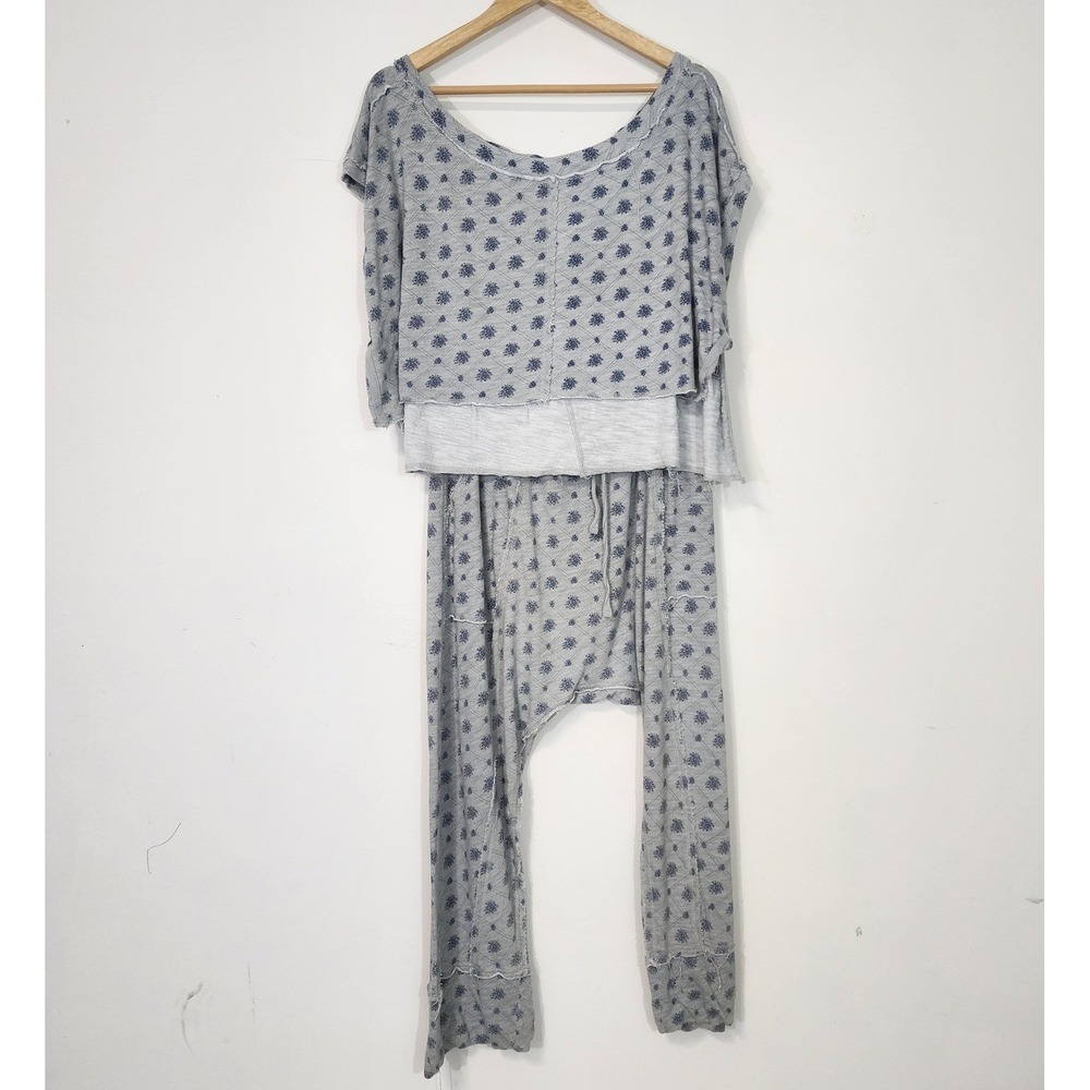 Free People Organic Cotton Lounge Set Blue Floral Large Boho stretch waist comfy - Picture 6 of 14